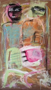 VINTAGE OOAK ABSTRACT CUBIST WHIMSICAL PORTRAIT FIGURATIVE  COLLAGE PAINTING  - Picture 1 of 1