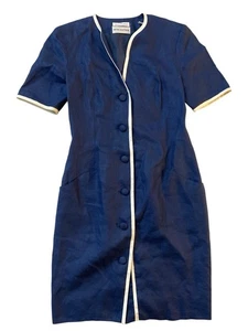 Vestido Ann Taylor Nipon Boutique 100% Lino Borde Blanco Azul Marino Talla 6 Vintage Corea - Imagen 1 de 6