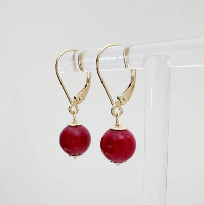 Estate Solid 14K Yellow Gold Red Jasper Leverback Drop Dangle Earrings, 1.05" - Image 1 of 4