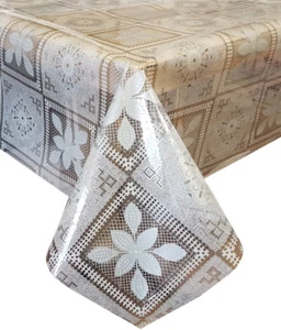 PVC TABLE CLOTH CLEAR POMPEYA OFF WHITE FLORAL SQUARE GEO LEAVES GREY WIPEABLE - Picture 1 of 3