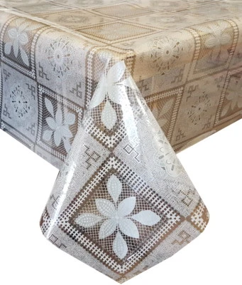 PVC TABLE CLOTH CLEAR POMPEYA OFF WHITE FLORAL SQUARE GEO LEAVES GREY WIPEABLE - Image 1 of 3