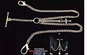 Orologio da Tasca Placcato Oro Extra Forte Albert Doppia Catena Con Croce Ornata Fob - Foto 1 di 3