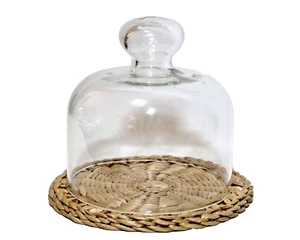 Cloche Clear Glass 6.5" Dome Ball Knob Wicker Base - Picture 1 of 7