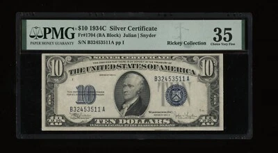 DBR 1934-C $10 Silver Fr. 1704 PMG 35 Serial B32453511A - Image 1 of 2