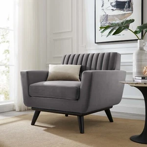 Modway Engage Channel Tufted Performance Velvet Armchair in Gray - Picture 1 of 7