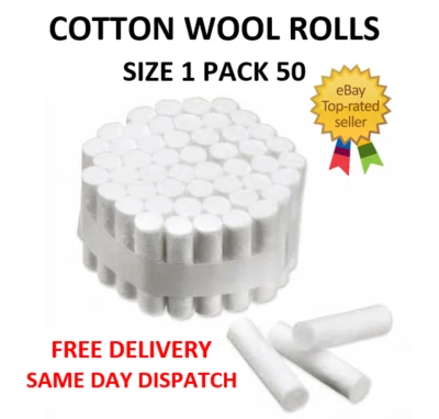 COTTON WOOL ROLLS SIZE 1 (SMALL) WHITE PROFESSIONAL SPORT NOSE BLEED PLUGS PK 50 - Image 1 of 3