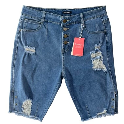 Pantalones Cortos Jean Bermudas Flamingo Para Mujer XL Lavado Med Denim Botón Desgarrado Mosca Cintura Alta Foto 1 de 4