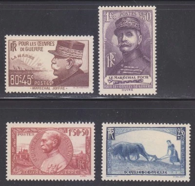 França 1940 MNH Mi 467-470 Sc B97-B100 Marshals Joffre & Ferdinand, Primeira Guerra Mundial, Gado ** - Imagem 1 de 2