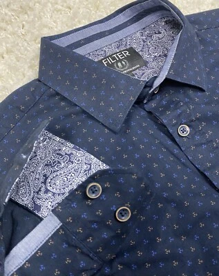 Camisa con botones de filtro para hombre grande azul geométrica cachemira puños abatibles manga larga Foto 1 de 4