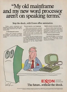 1983 Exxon Office Systems - Mainframe Computer Desk Guy - Cartoon Art - Print Ad - Picture 1 of 1