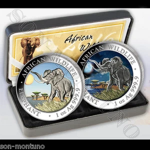 2016 Somalian ELEPHANT DAY & NIGHT Colorized Silver 2 Coin Set AFRICAN WILDLIFE - Picture 1 of 1
