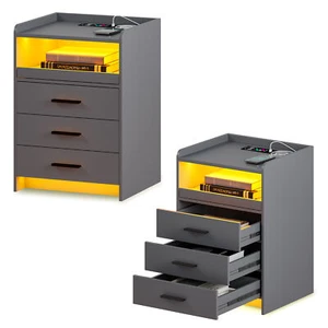 Modern Bedside Table Nightstand With Wireless Charging Station RGB Night Stand - Picture 1 of 9