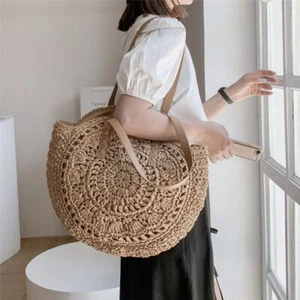 Round Straw Tote Bag Handmade Woven Shoulder Bag New Straw Weave Bag Vacation. - Picture 1 of 14
