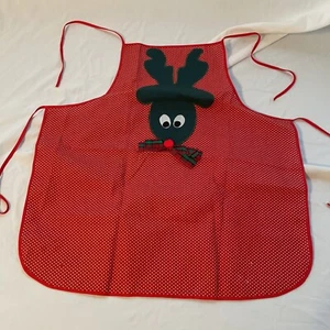 Vintage Red Polka dot Christmas Apron Full Bib Embroidered Reindeer Small - Picture 1 of 8