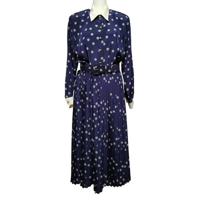 Vintage 90s Talbots Petites Dress Size 10 Navy Blue White Polka Dot Pleated Belt - Image 1 of 4