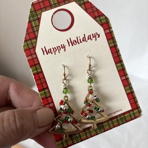 Neu mit Etikett Weihnachtsbaum Ohrhänger rot grün Strass Vintage Walmart - Bild 1 von 6