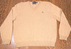 Polo Ralph Lauren 100% Lammwolle V-Ausschnitt Pullover hellbraun XXL - Bild 1 von 12