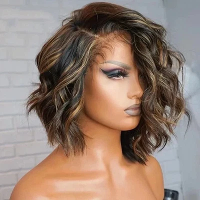 Blonde Highlight Wig 13x4 Lace Front Wigs Ombre Human Hair Wig Curly Wave Wig - Image 1 of 4