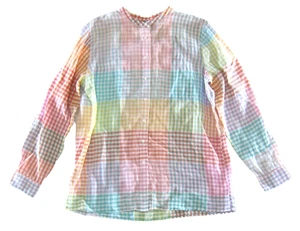 Lands End 100% Linen Pink Green Yellow Plaid Pocket Button Long Sleeve Blouse XL - Picture 1 of 5