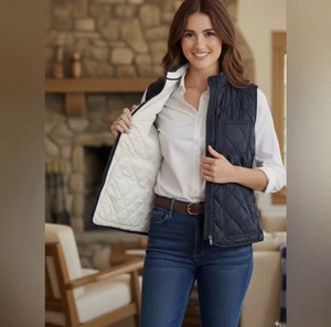 Chaleco Acolchado Reversible Lauren By Ralph Lauren Mujer S Estilo Vintage Azul Blanco - Imagen 1 de 13