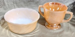 VINTAGE FIRE KING LUSTERWARE GLASS PEACH SUGAR AND CUSTARD BOWL PAIR IN EUC - Picture 1 of 7