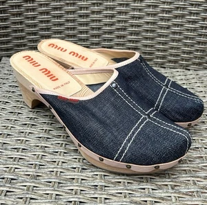 Vintage Miu Miu Wooden Sole Denim Clogs Size 40 Made In Italy - Picture 1 of 11