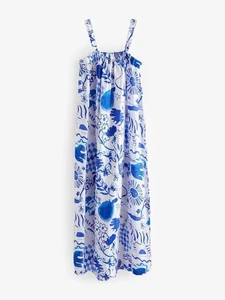 New Next Premium Linen Blue White Patterned Maxi Dress Sz UK L XL - Picture 1 of 3