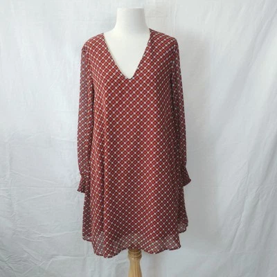 Karen Walker Womens Size 8 Red Geometric Checked V Neck Tunic Dress Long Sleeves - image 1 of 4