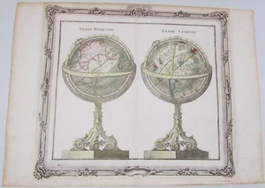 BRION'S GLOBE TERRESTRE GLOBO CELESTE 1766 INCISIONE COLORATA A MANO MAPPA DESNOS - Foto 1 di 4