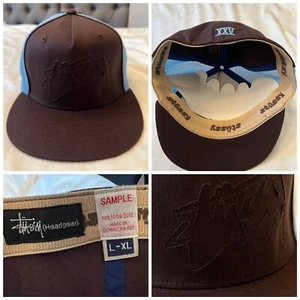 Vintage 90's Stussy SAMPLE Flexfit Hat Size L/XL Mocha Brown UNC Blue RARE - Picture 1 of 8