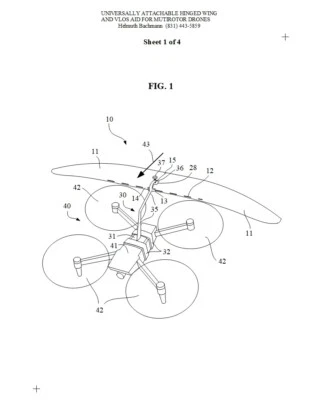 Patente a la venta: Ala con bisagras universalmente acoplable y ayuda VLOS para drones Foto 1 de 4