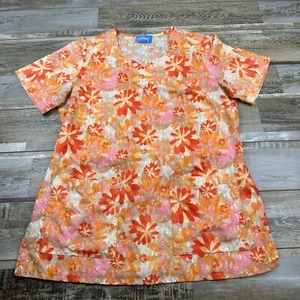 Women's S Elan by Barco scrub top orange pink flowers Nurse Medical - Picture 1 of 6