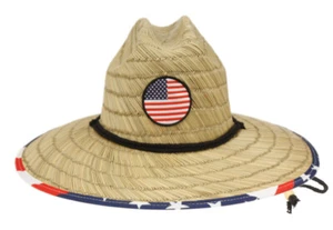 Men's Straw Sun Lifeguard Beach Hat Raffia Wide Brim One Size Usa flag Circle - Picture 1 of 4