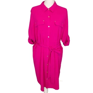 Calvin Klein Collar Button Front Long Sleeve Shirt Dress Hot Pink xl roll slv - Picture 1 of 19