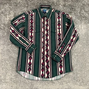 Vintage Wrangler Shirt Mens Large Green Aztec Striped Pearl Snap Long Sleeve 90s - Picture 1 of 13