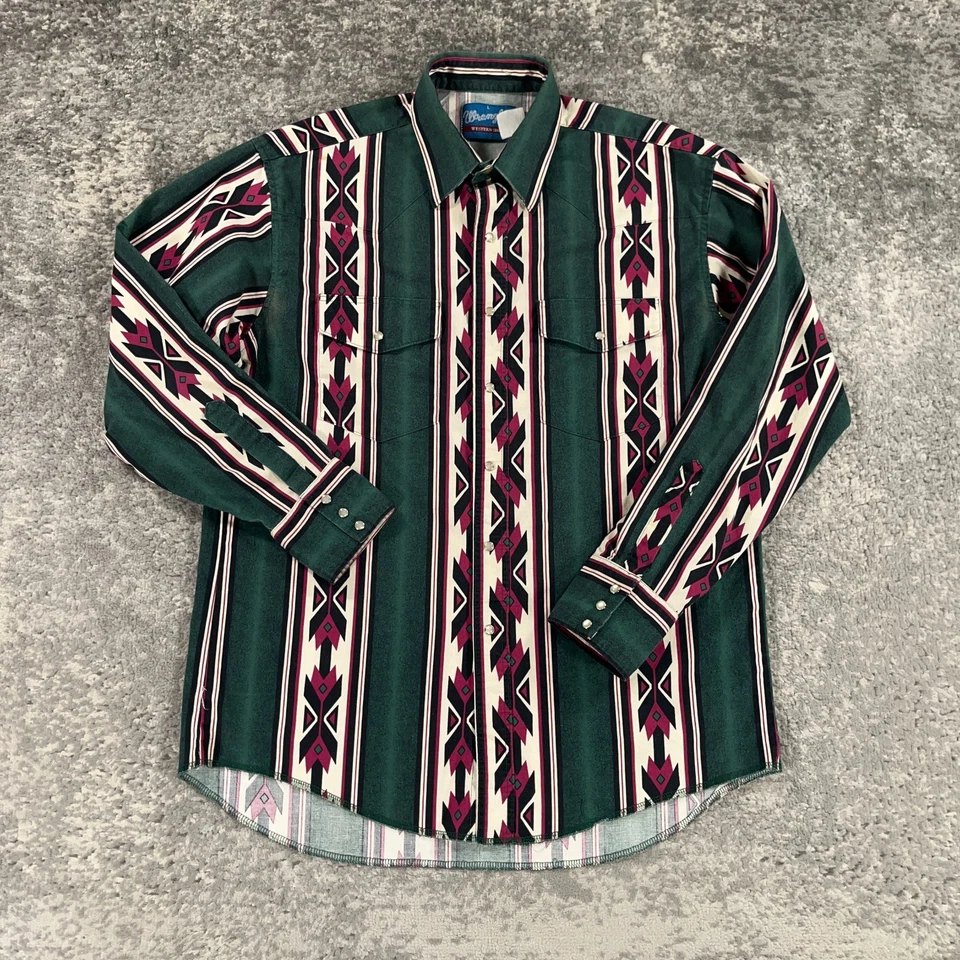 Vintage Wrangler Shirt Mens Large Green Aztec Striped Pearl Snap Long Sleeve 90s - Image 1 of 4