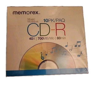 Memorex Music 10 Pack CD-R 40X 700MB 80Min Recordable Blank Media CDS New NIP - Picture 1 of 1