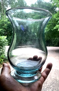 VTG Hand Blown Hurricane Footed Glass Pedestal Vase, Clear/Blue Tint, 7" Tall - Picture 1 of 6