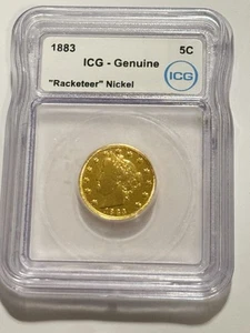 RARE 1883 Liberty V "Racketeer" Nickel Type 1 No Cents ICG Genuine Gold Plated - Picture 1 of 2