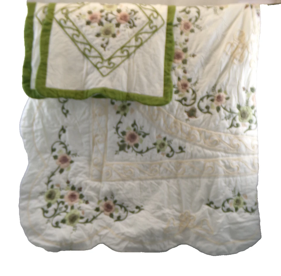 Edredom duplo com 2 fronhas de travesseiro verde malva creme conjunto de cama floral - Imagem 1 de 4