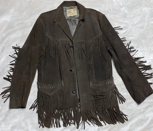 Giacca vintage Pioneer Wear pelle scamosciata uomo frange western taglia 42 marrone ricco - Foto 1 di 22