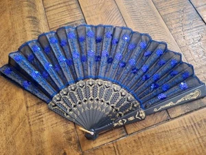 Royal Blue Embroidered Fabric Folding Hand Held Fan Sequins Party Bridals USA - Picture 1 of 4