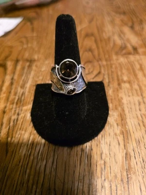 925 纯银黄铜戒指 带烟熏石英 10 码 — 第 1/4 张图片