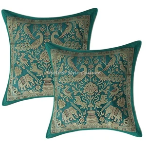Indian Pillow Case Brocade Silk Elephant Green Cushion Cover Pair Throw 12" - Bild 1 von 4
