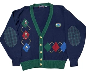 Vintage Hathaway Classic Golf Cardigan SZ Med Navy Elbow Patches Hand Intarsia - Picture 1 of 12
