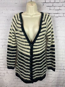 Daytrip Furry Cardigan Maglione Piccolo Donna Nero Bianco Righe Fuzzy Morbido (A12 - Foto 1 di 7