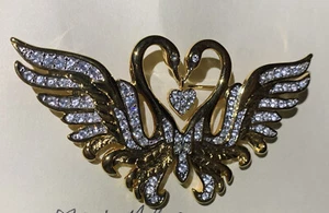 Nolan Miller Swan Bird Dangling Heart Pave Rhinestone Gold Tone Pin Brooch 3" - Picture 1 of 10