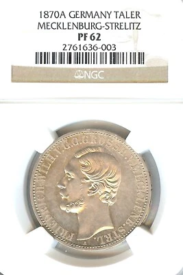 German States Mecklenburg-Strelitz 1870 Taler Coin Thaler NGC PF62 PROOF UNC PP - Image 1 of 3