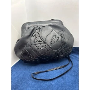 Vintage Black Leather Beaded Floral Clutch Purse With Strap - Picture 1 of 9