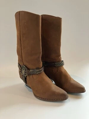 De Colección Botas del Zodiaco Occidental Tabaco Marrón Cuero Correa Pluma Hebilla Plateada 5 M Foto 1 de 4